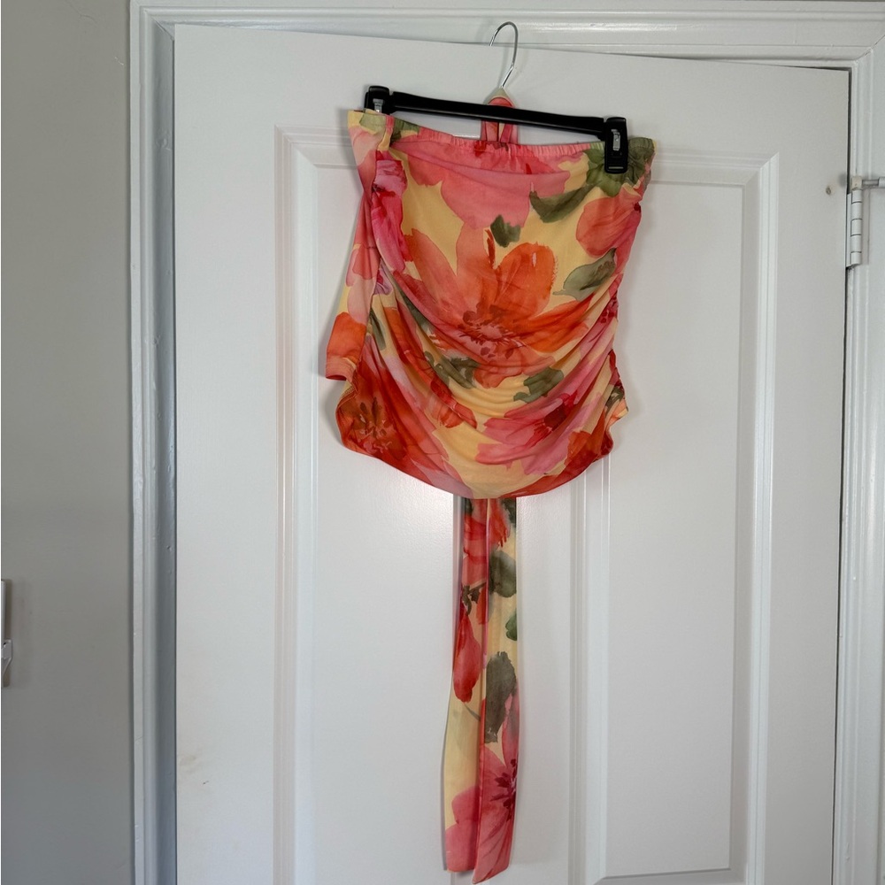 Floral Tie-Back Chiffon Tube Top - Pink & Yellow
